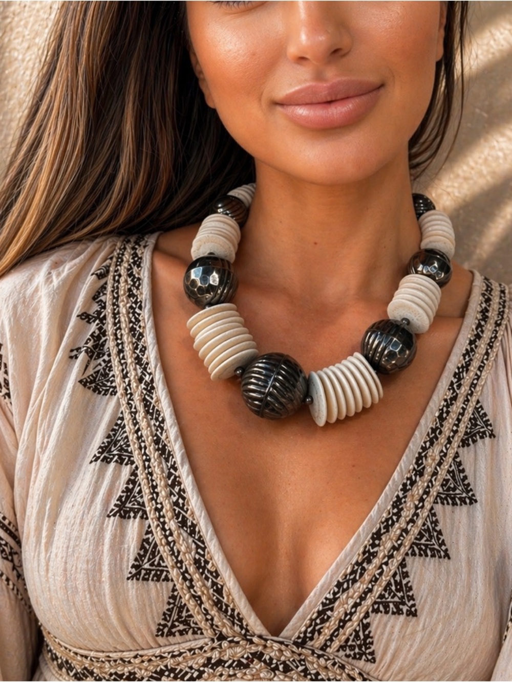 Rare Vintage Bone Disc Statement Necklace Silver Tone Beads Artisan Boho